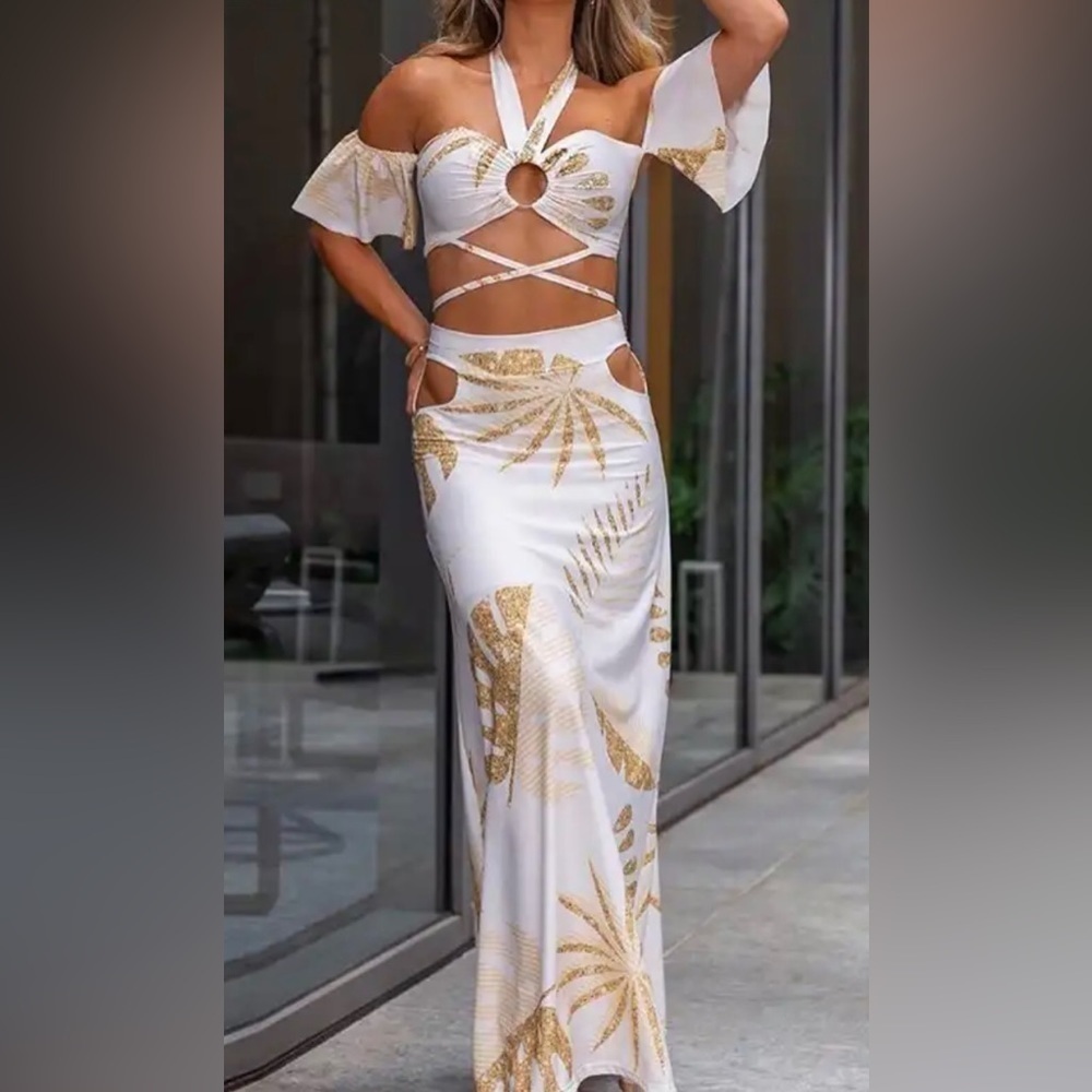 Desert Palm Backless Halter Top Hollow Out Maxi Two Piece Set Summer Skirt Set